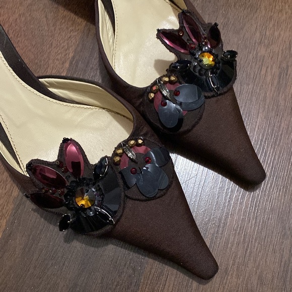 PRADA Italian Made Jewelled Satin Brown Heel 3’ Approx Mules Size 7.5’ - Picture 13 of 14